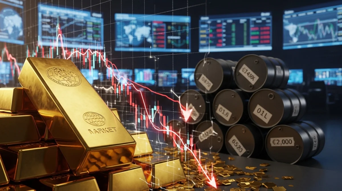 سبائك ذهب مع رسوم بيانية توضح تراجع الاسعار في ظل تغيرات اقتصادية عالمية