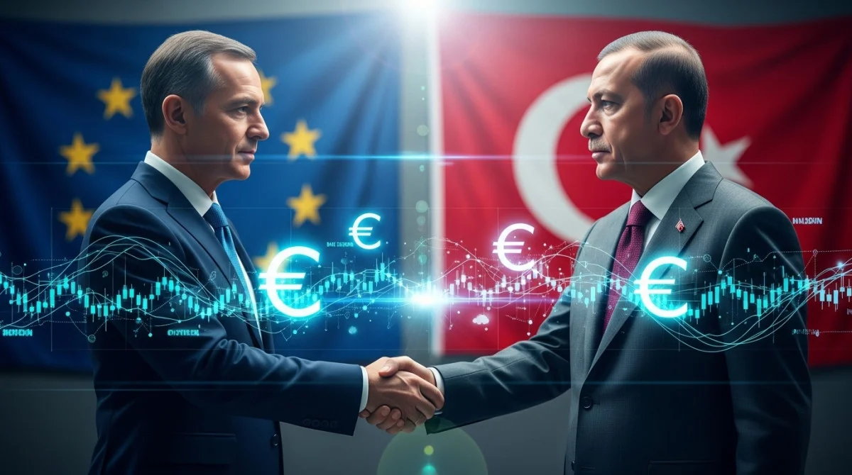 تصميم يعبر عن التعاون المالي بين الاتحاد الأوروبي وتركيا، مع ظهور علمي الجانبين وشبكة مدفوعات رقمية ترمز إلى التكامل الاقتصادي.
