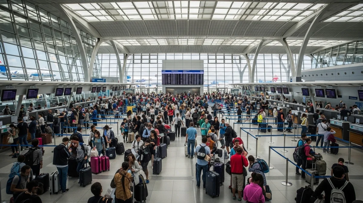 صورة جوية لمطار دولي مزدحم بالطائرات يعكس حركة السفر العالمية