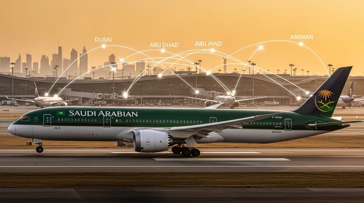طائرة تجارية تستعد للإقلاع مع خطوط رحلات جوية تربط السعودية بدبي وأبوظبي وعمّان