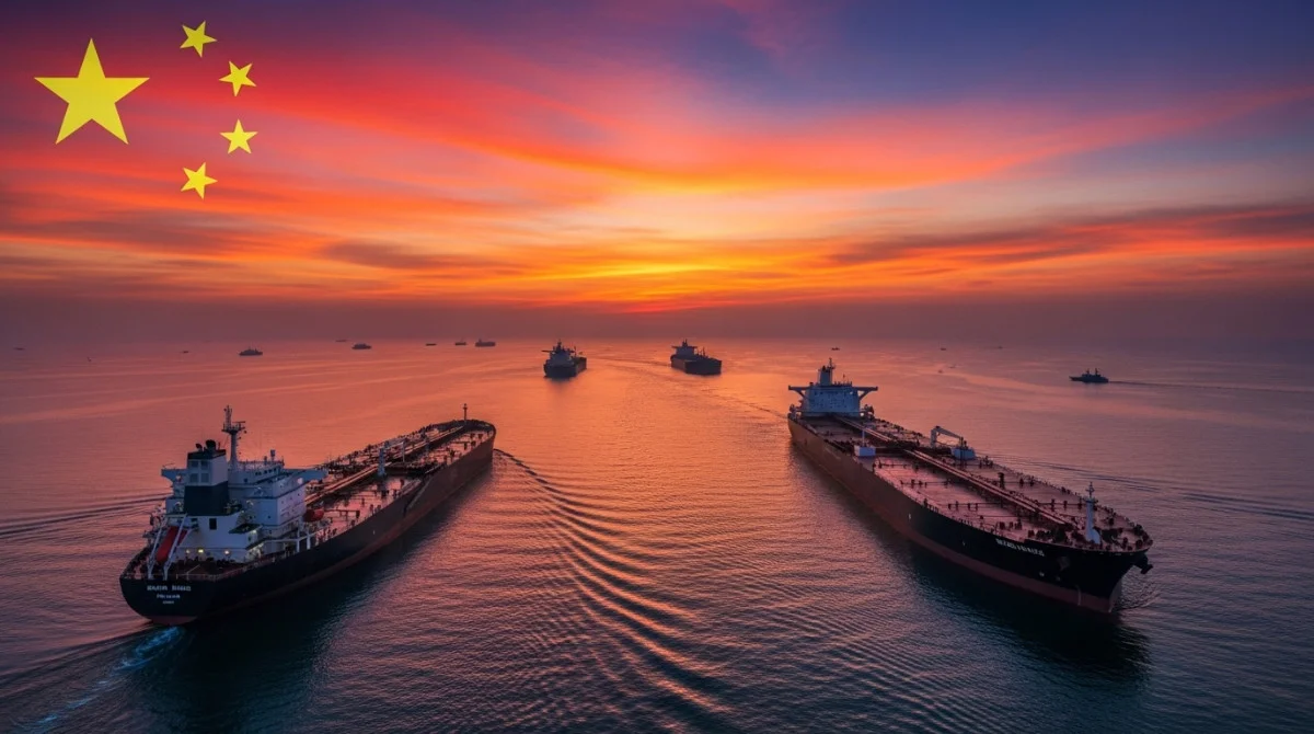 مشهد جوي لمضيق هرمز مع ناقلات نفط وظهور علم الصين بشكل رمزي يعكس التوترات وتأثيرها على التجارة العالمية والطاقة