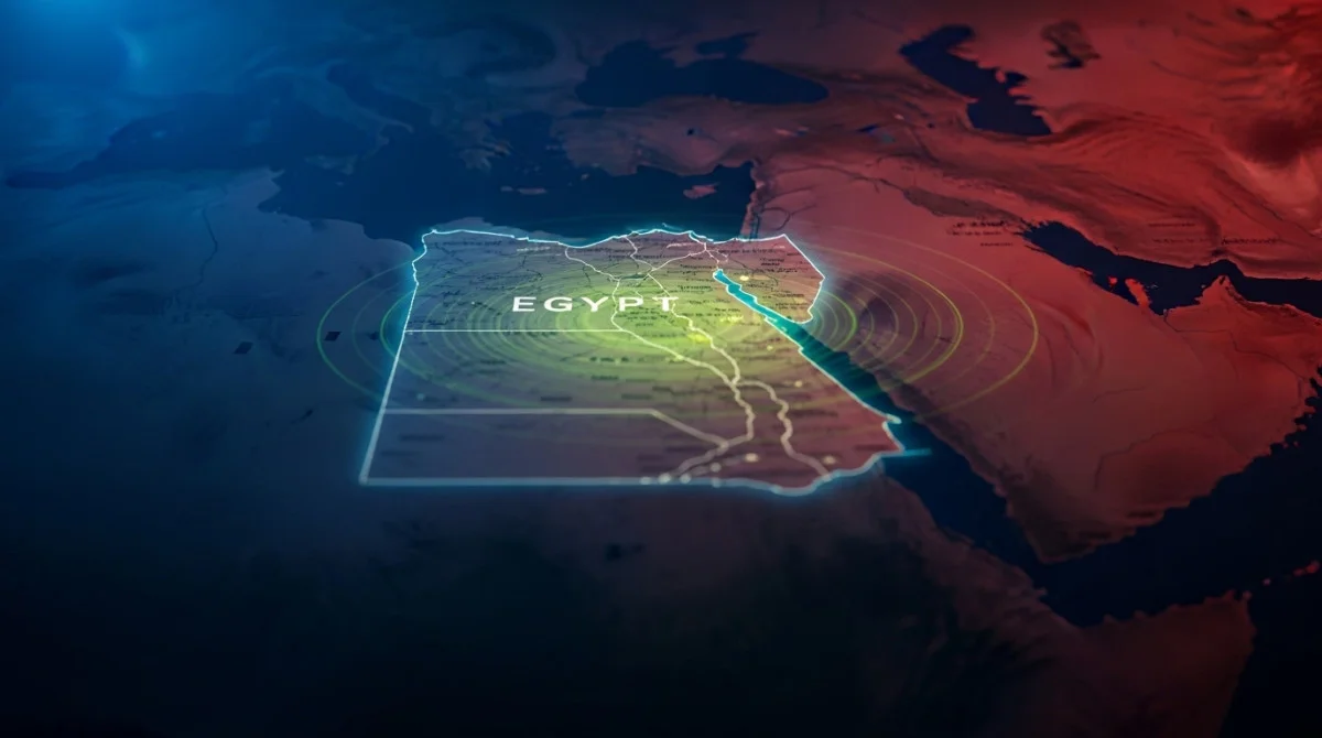 خريطة الشرق الأوسط مع إبراز مصر وتأثيرات إشعاعية محتملة في أجواء توتر إقليمي