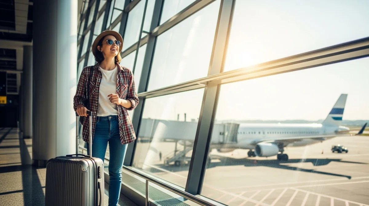 مسافر في المطار يستعد لركوب الطائرة في رحلته الأولى.