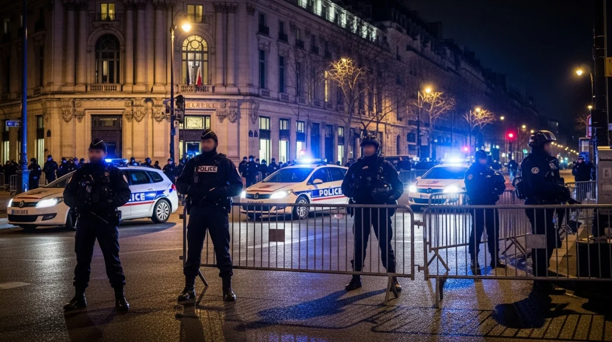صورة تعبيرية لقوات الشرطة الفرنسية في موقع أمني بباريس مع وجود سيارات شرطة وحواجز أمنية، تعكس إحباط محاولة هجوم بعبوة ناسفة.