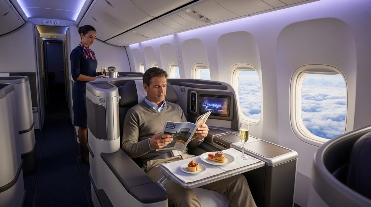 مقاعد درجة رجال الأعمال داخل طائرة ركاب أثناء رحلة جوية.