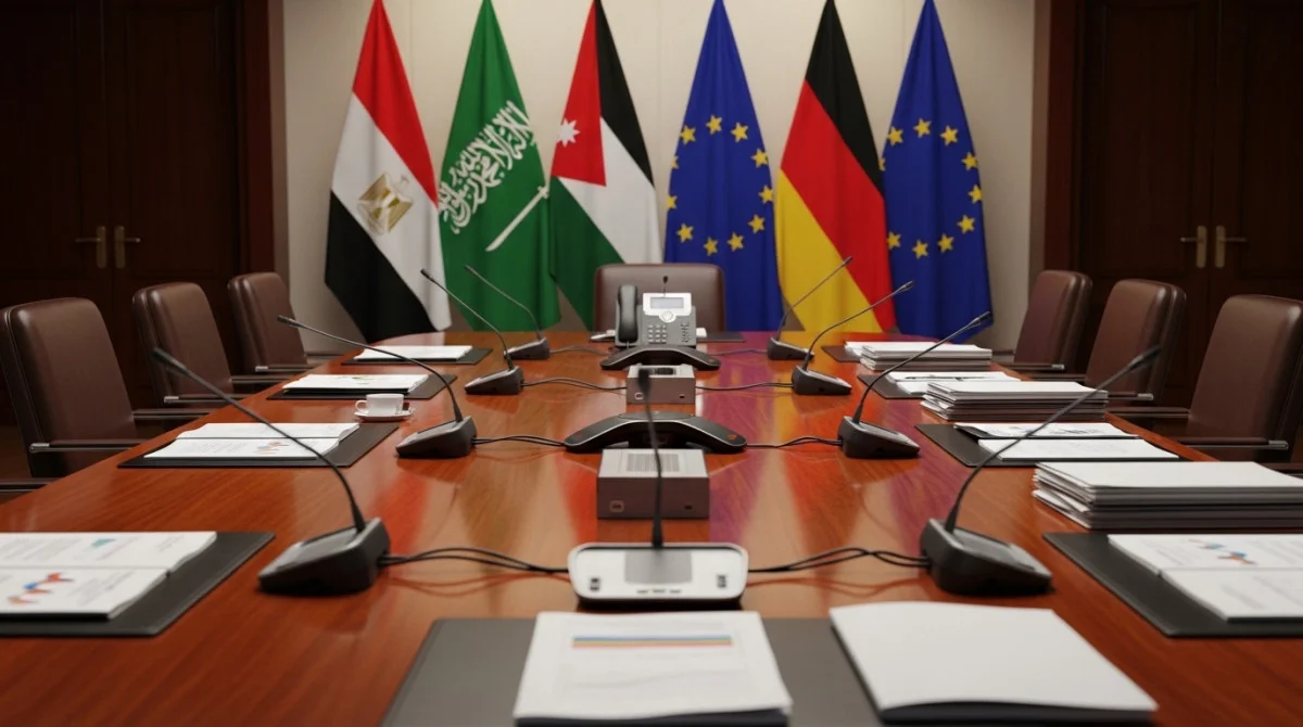 غرفة اجتماعات دبلوماسية بأعلام دولية وطاولة رسمية وهاتف مكتبي ضمن خبر جهود مصر لخفض التصعيد في المنطقة.