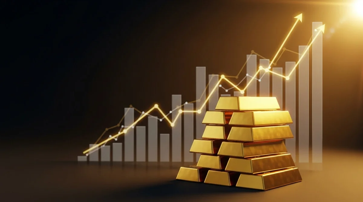سبائك ذهبية مع رسوم بيانية صاعدة تعكس ارتفاع اسعار الذهب في الاسواق العالمية