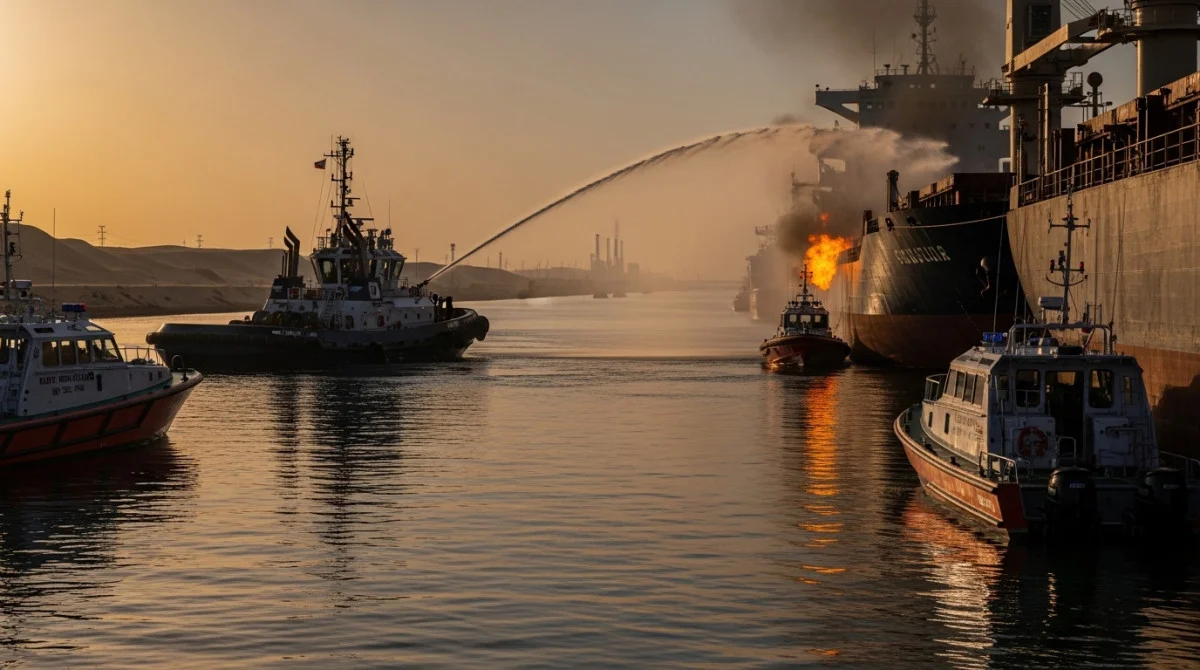 عملية إطفاء حريق مركب بحري في قناة السويس باستخدام قاطرات الإنقاذ مع استمرار الملاحة