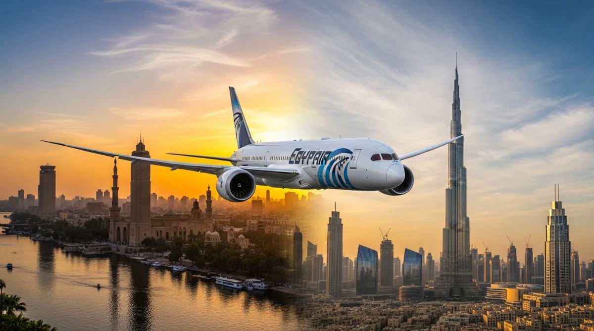 طائرة مصر للطيران تقلع من مطار في الخليج مع خلفية مدينة دبي في مشهد يعكس استئناف الرحلات الجوية