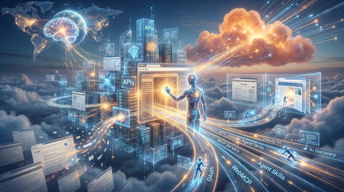 صورة سريالية تجسد رؤية Cloudflare لمستقبل الويب واستعداد المواقع للتفاعل مع وكلاء الذكاء الاصطناعي