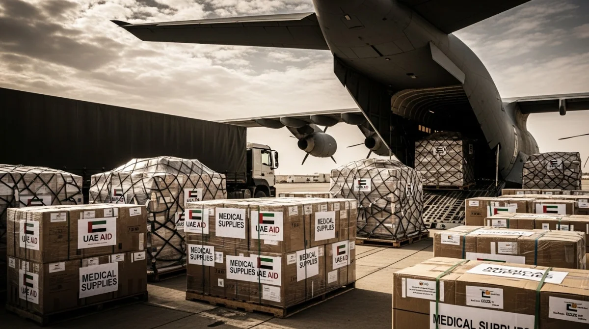 شحنة مساعدات طبية يتم تجهيزها ضمن قافلة إنسانية متجهة إلى لبنان