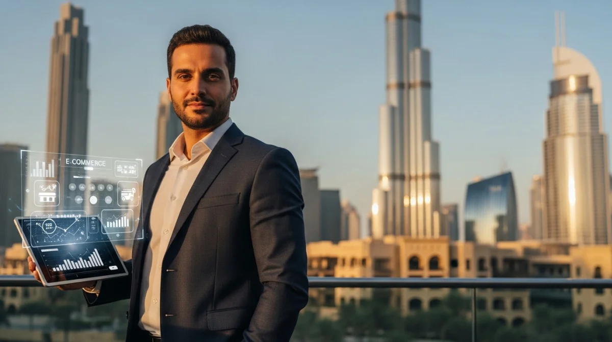 مشهد تعبيري يعكس دعم دبي للشركات في التوسع نحو التجارة الإلكترونية ضمن بيئة أعمال مرنة وحديثة