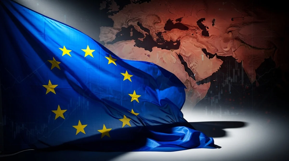 علم الاتحاد الأوروبي مع خلفية تعكس التوترات في الشرق الأوسط وتأثيرها على السياسات الأوروبية