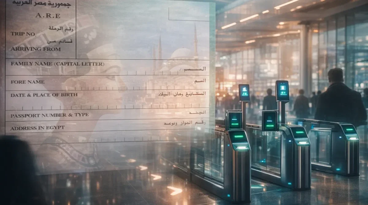 بوابات جوازات إلكترونية في مطار حديث مع ظهور استمارة الوصول إلى مصر بشكل مدمج، توضح إجراءات الدخول الذكية باستخدام التكنولوجيا الحديثة
